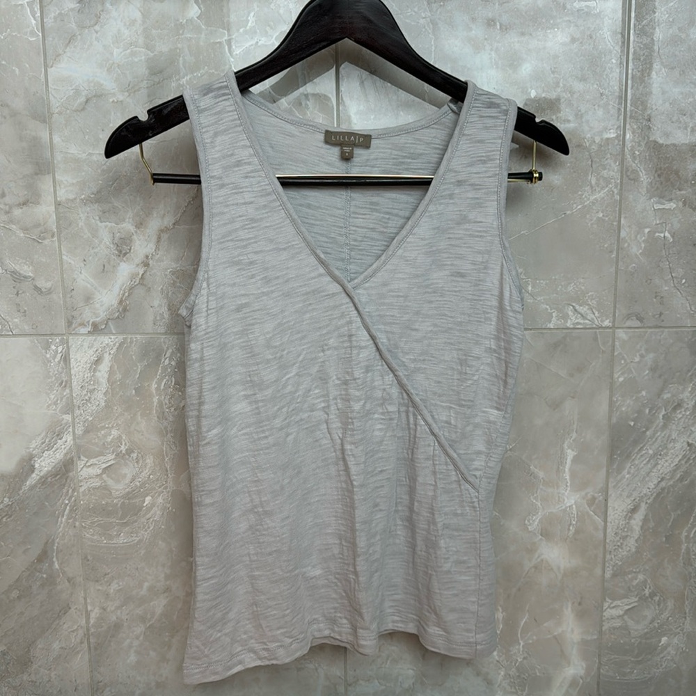 Lilla P Gray Cotton V-Neck Back Seam Tank Top Size S